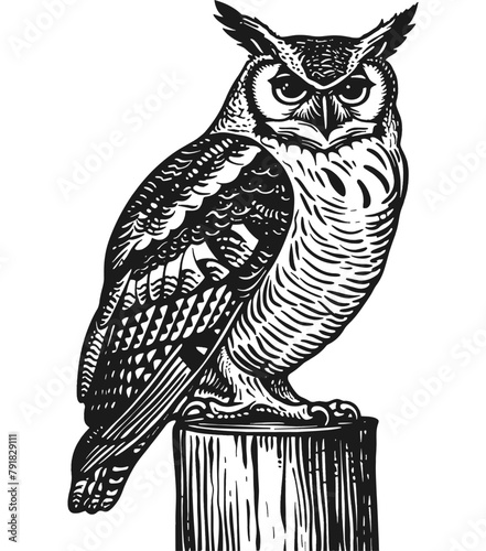 horned owl engraving black and white outline