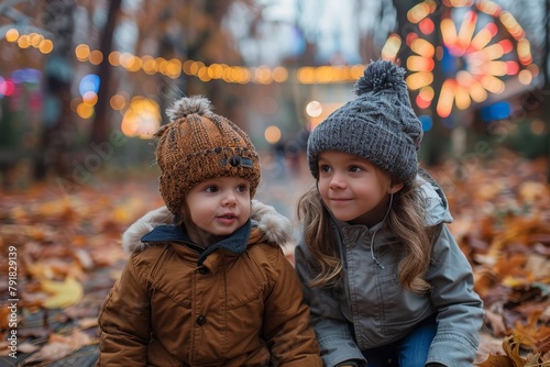 Sitting on a bed of fallen leaves, two toddlers share a moment of enjoyment with an amusement park in the background