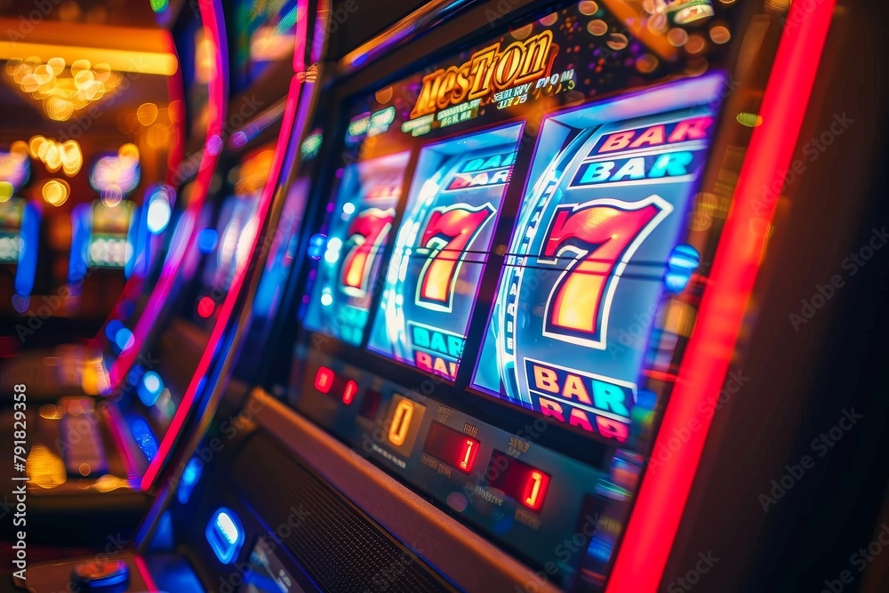 A colorful array of illuminated slot machines at a casino, embodying luck and entertainment