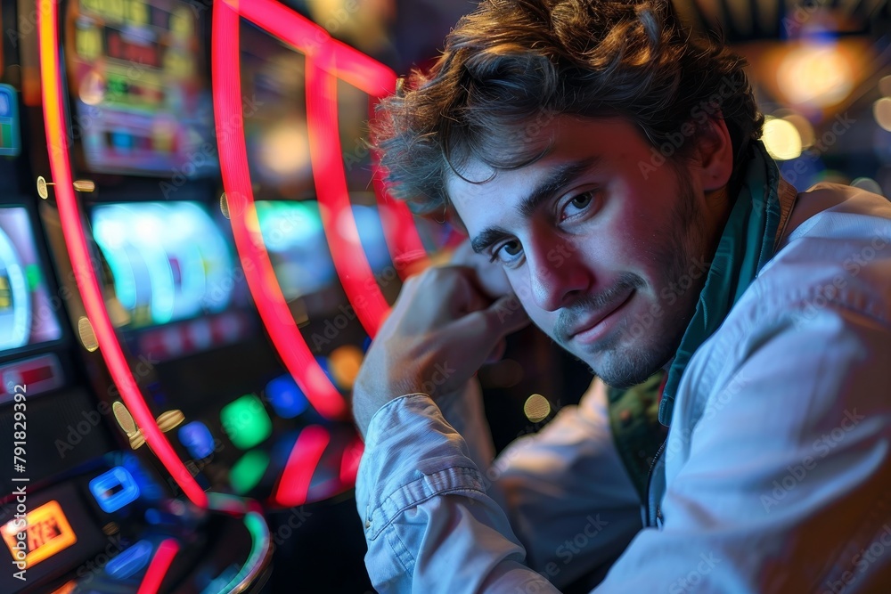 Fototapeta premium A person is captivated by the slot machine play amidst the vibrant neon lights of the casino atmosphere
