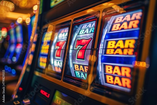 This image captures the glowing neon lights of a slot machine's display, depicting the allure and atmosphere of casino gambling