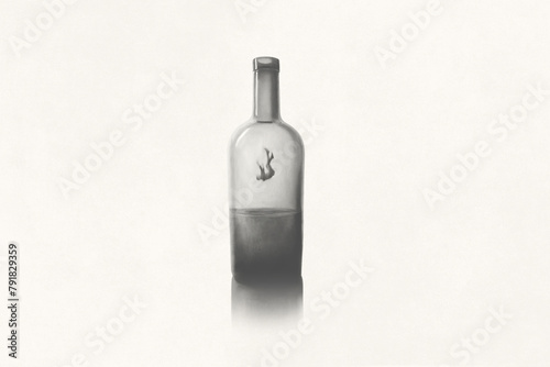 Illustration of drunk man falling into wine bottle, alcohol addiction issue surreal concept