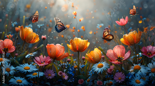Dew-Kissed Reverie: Serenity Awakens as Butterflies Dance Amongst Flowers