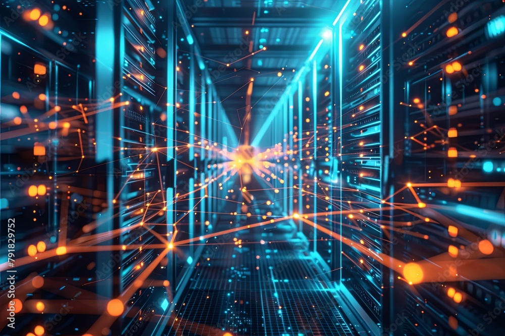 Visuals depicting the interior of a data center facility, with rows of ...