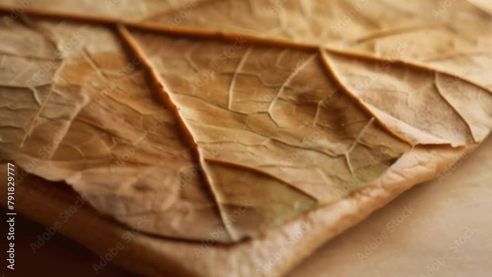 Closeup of a square piece of edible packaging made from cassava root and other natural materials. The surface is textured with a leaf pattern and is folded into a box shape to hold . Closeup of a square piece of edible packaging made from cassava root and other natural materials. The surface is textured with a leaf pattern and is folded into a box shape to hold .