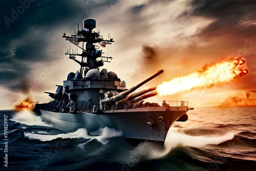 military naval warship destroyer shooting anti aircraft defense missiles.