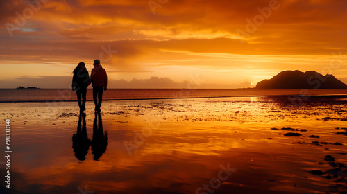 Couple walking on the beach at sunset © MCGORIE