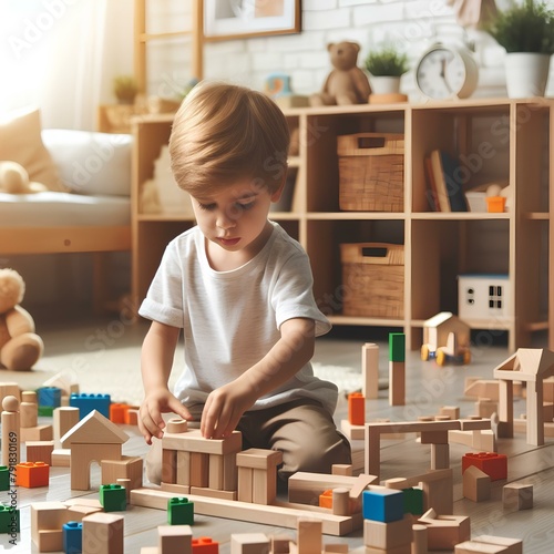 little child boy playing with wooden blocks building houses in a playroom.