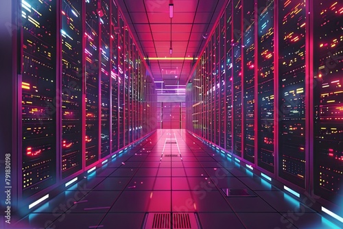 Illustrations depicting rows of server racks neatly arranged in a data center, with blinking lights and cables, portraying the hub of computational power and storage infrastructure