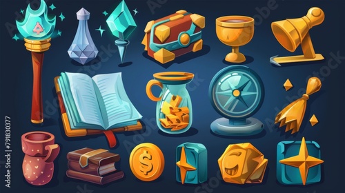 The set of cartoon modern GUI icons includes: Travel diary, lightning flash, carbine, golden cup, silver, gold, and bronze coins, compass hourglass, bomb, and a gold and silver money coin.