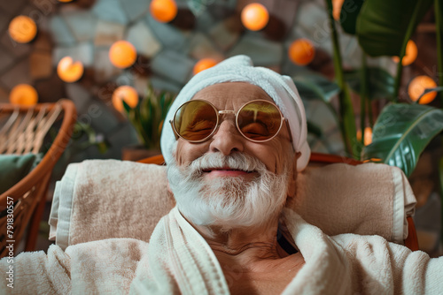 Charismatic older man enjoys a luxurious rest with sunglasses on, surrounded by tropical plants photo