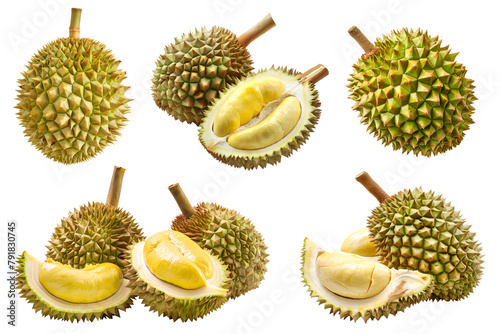 Durian durians fruit, many angles and view side top front group sliced halved cut isolated on transparent background cutout, PNG file. Mockup template for artwork graphic design