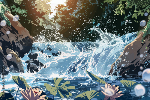 a painting of a waterfall in the middle of a forest