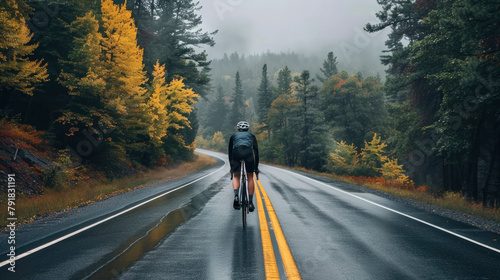 Man cycling on a straight highway in the middle of a wet pine forest