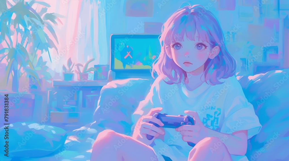 A girl playing video games, pastel colors, cute and dreamy