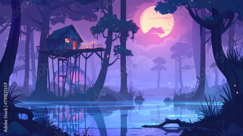 A wooden stilt house stands over a swamp, an abandoned shack stands on piles in the forest, a witch's hut, a panoramic game background, a fantasy mystic landscape with a marsh pond Cartoon modern photo