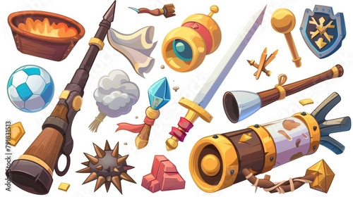 Set of cartoon icons representing military game icons. Cannon with bomb, binoculars, sword, dynamite, spiked mace, white flag, golden badge, and dynamite mixture in a bottle.