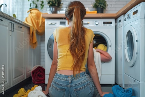 The back view of a woman contemplating laundry tasks near washing machines in a tidy, light-filled home environment, depicting organization and daily life photo