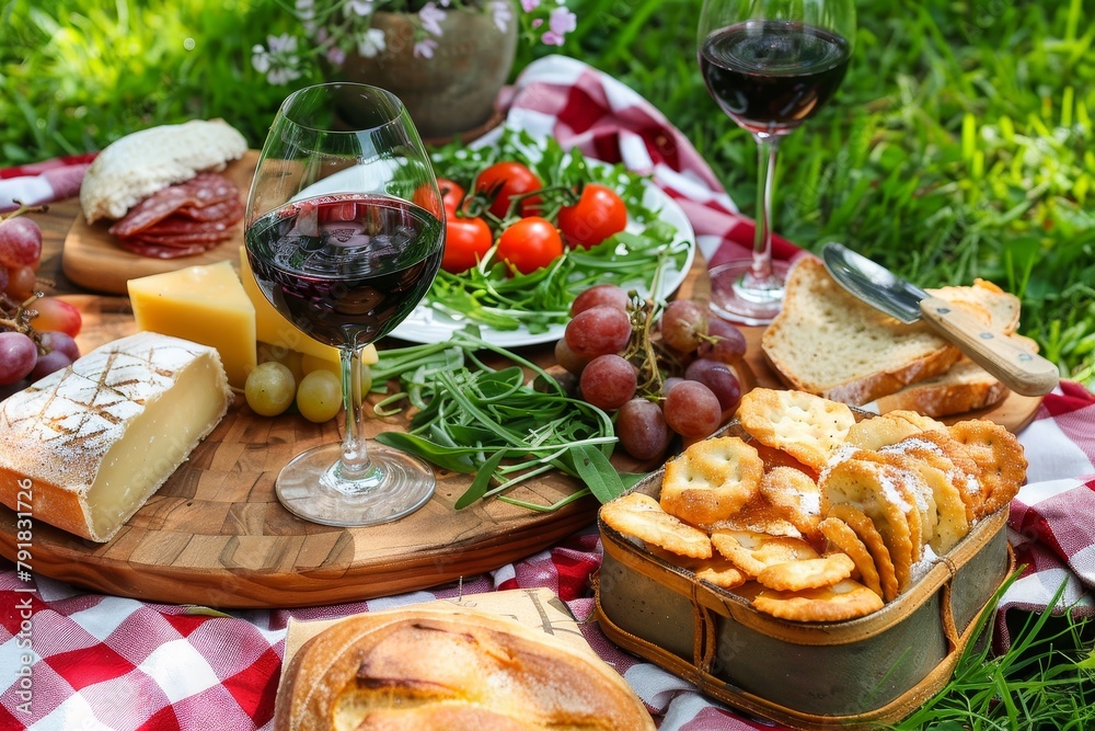 A delightful picnic scene with glasses of wine, cheese varieties, salami, and fresh bread against a lush green backdrop A delightful picnic scene with glasses of wine, cheese varieties, salami, and fresh bread against a lush green backdrop