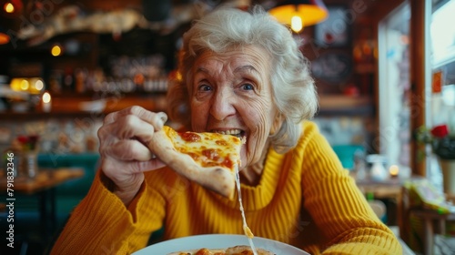 Elderly Woman Enjoying Pizza