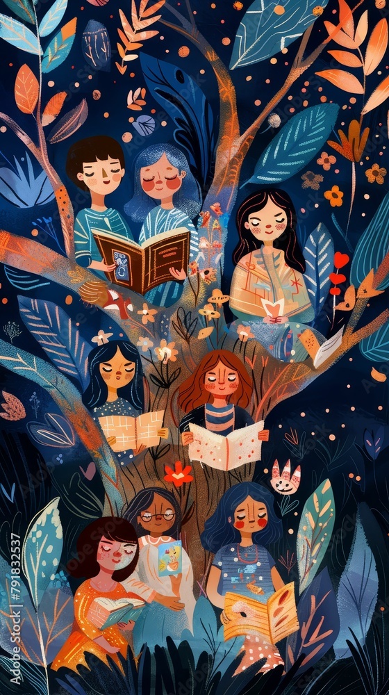Children gathered under a tree, lost in storybooks, imaginations running wild  169