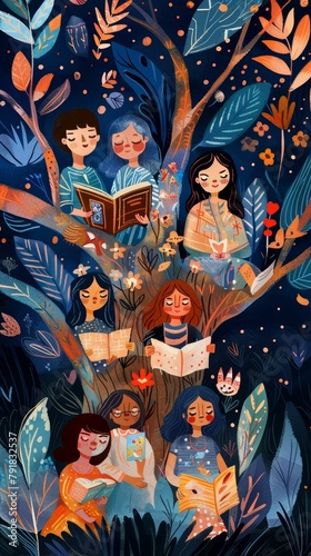 Children gathered under a tree, lost in storybooks, imaginations running wild 169