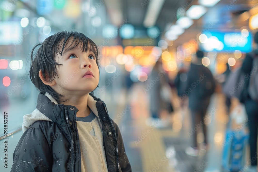 A curious toddler in an airport terminal looks up, encapsulating the wonder and intrigue of travel A curious toddler in an airport terminal looks up, encapsulating the wonder and intrigue of travel