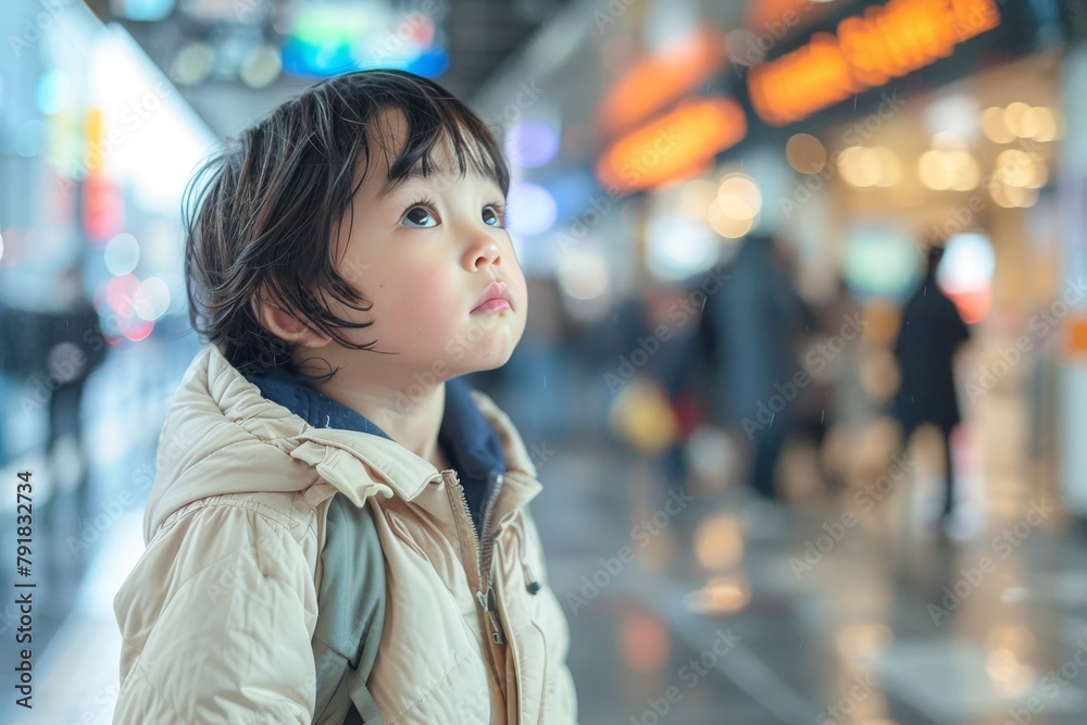 A young child looks up thoughtfully amidst the bustling atmosphere of a busy train station