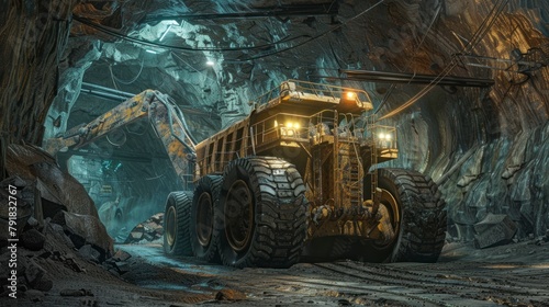 Huge backhoe truck inside an UNDERGROUND mine with high resolution and high quality lighting. exploration, exploitation concept photo