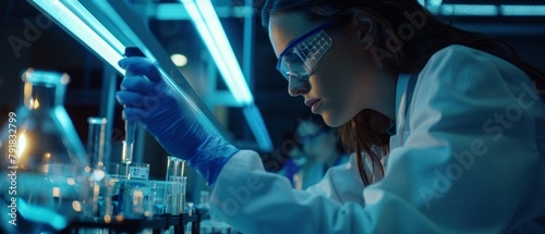 An advanced scientific lab for medicine, microbiology development has a woman scientist working with a micro pipette, analyzing biochemical samples.