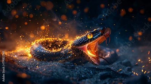 Close up of the head of a venomous snake with an open mouth in fire. A snake poised to strike, bathed in dramatic lighting with ethereal smoke encircling it, creates a tense, mythical scene.
 photo