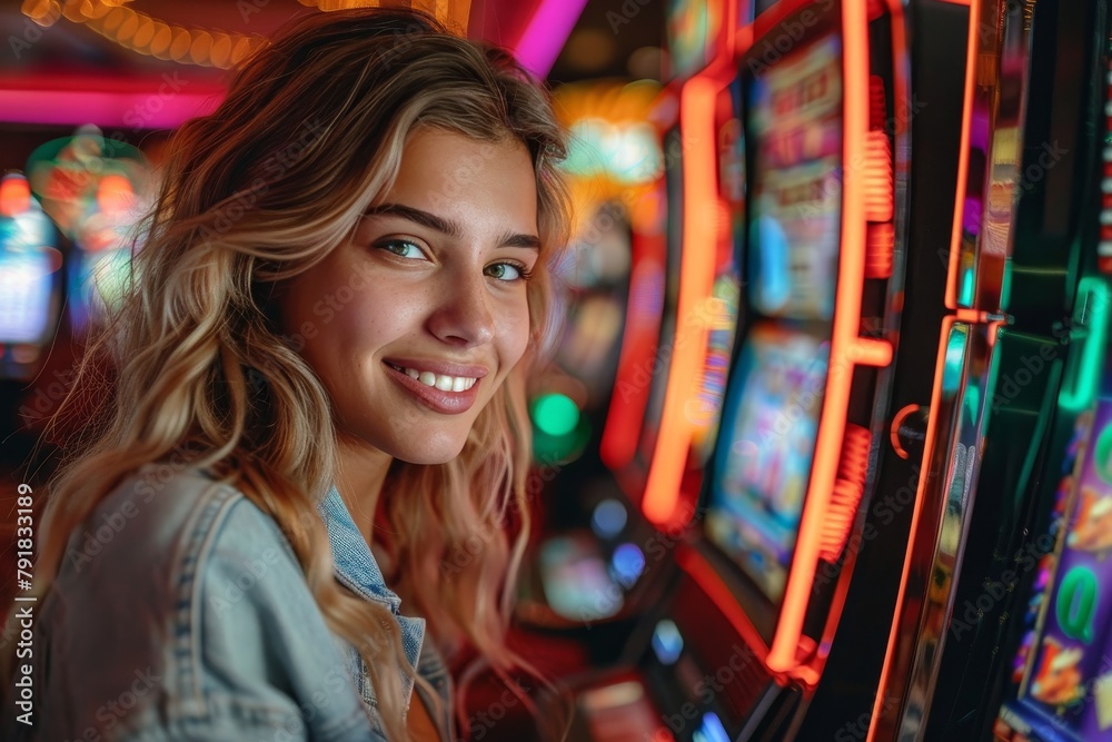 Radiant young woman smiles as she plays at a bright and colorful slot machine