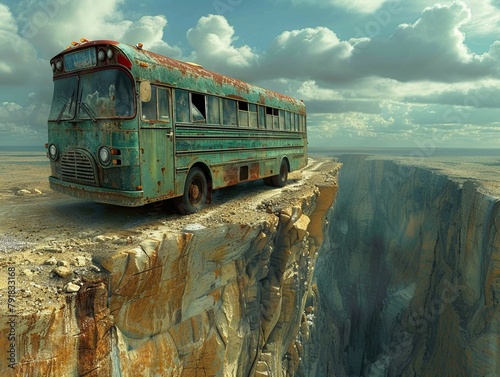 A coach bus parked precariously on the edge of a bottomless pit photo