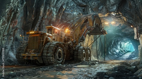 huge backhoe truck inside an UNDERGROUND mine with high resolution lighting photo