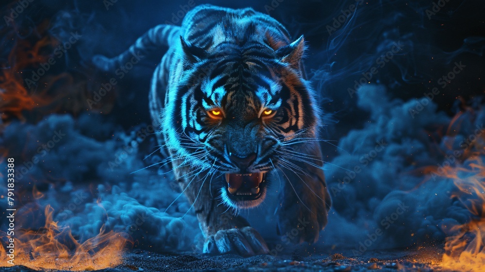 Close-up portrait of a tiger in the smoke in the dark - obrazy, fototapety, plakaty 