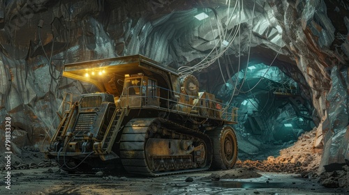 Huge backhoe truck inside an UNDERGROUND mine with high resolution and high quality lighting. concept exploration, exploitation, mines, land