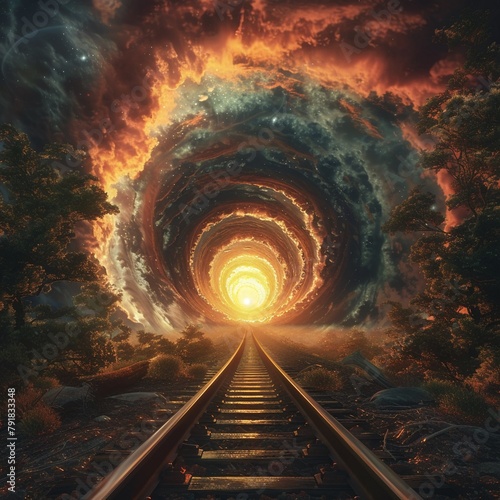 An infinite railway loop that spirals down into the abyss, offering a neverending journey photo
