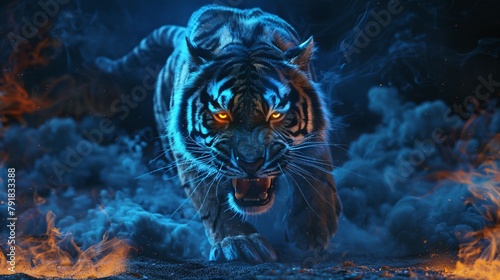 Close-up portrait of a tiger in the smoke in the dark