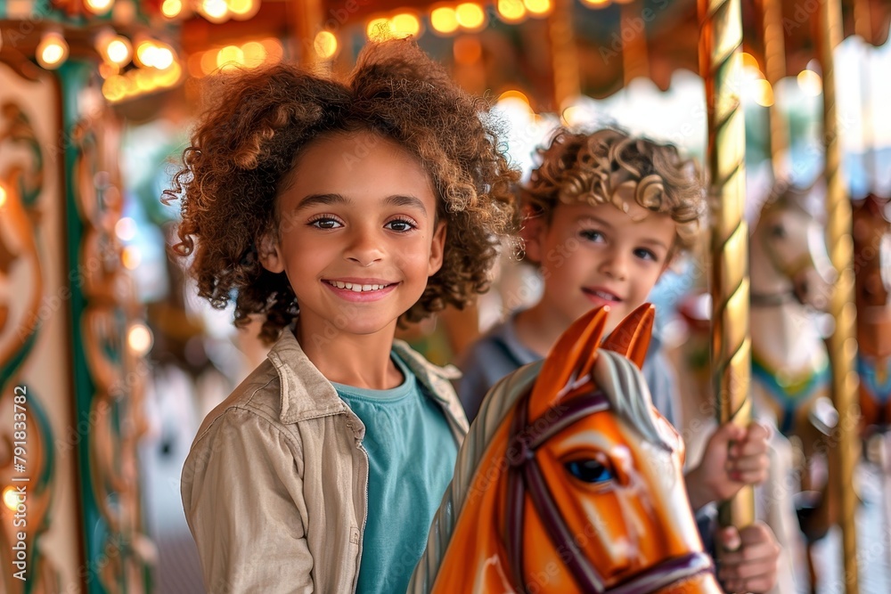 Two cheerful siblings exhibit joy and companionship while riding on a colorful carousel horse at an amusement park