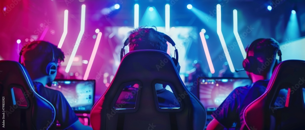 In this Neon Cyber Games online streaming tournament arena, two Esport teams of professional gamers compete in video games.