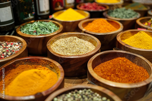 Oriental spice store. a large counter with various jars filled with fragrant spicy spices. photo
