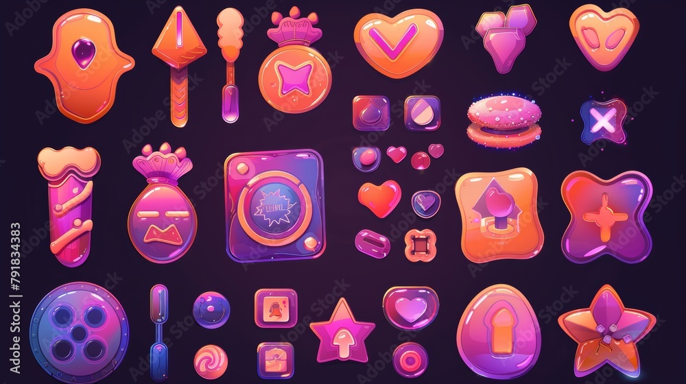 This cartoon set of cookie game interface elements includes elements ...