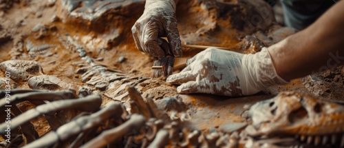 In this image, a paleontologist cleans the Tyrannosaurus Dinosaur Skeleton with brushes. In this image, archeologists discover fossil remains of new predator species. In this picture, they dig up a photo