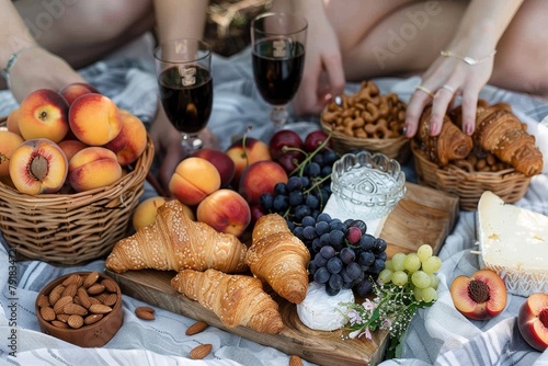 An outdoor picnic featuring an array of delicious pastries, fresh fruit and cheese, paired with wine for a luxurious dining experience