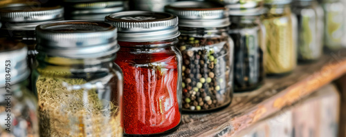 Oriental spice store. a large counter with various jars filled with fragrant spicy spices. photo