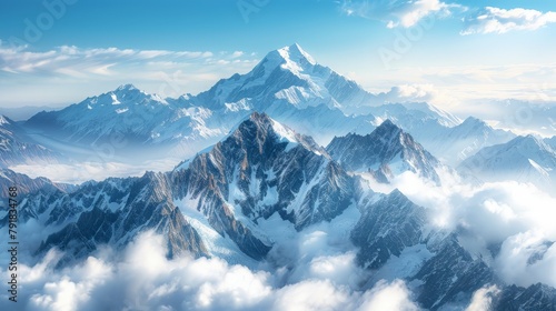 A stunning photograph of the snowcovered Andes range, showcasing breathtaking mountain scenery in New Zealand's Alps,The towering peaks rise above clouds and mist. © cong