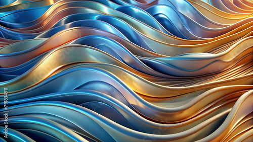 Shimmering waves of blue and bronze run across the frame, creating a sense of fluid movement. The light reflects off the arcs and peaks, highlighting the different shades and waves.AI generated.