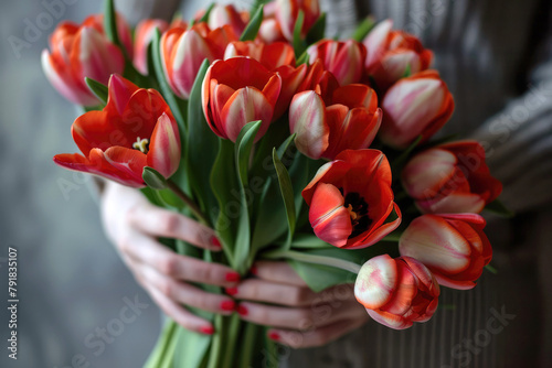 Bouquet of red tulips in young woman hands with red nail polish, unrecognizable, no face. Flowers design, florist. Delivery. Gift for 8 march, mother's day, birthday. © Bodik Ai Art