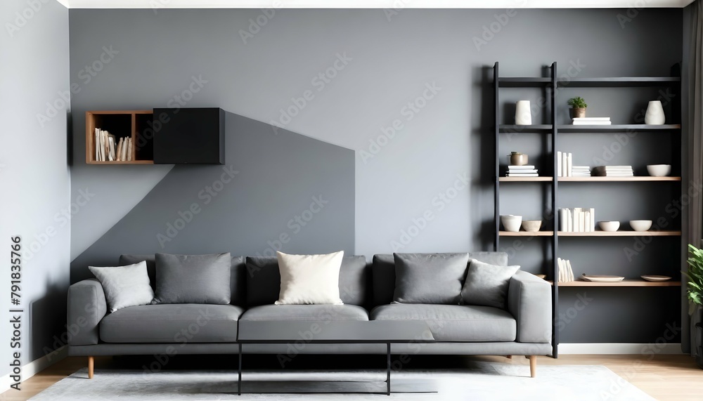 Interior-of-modern-living-room-with-grey-sofa--table-and-shelving-unit