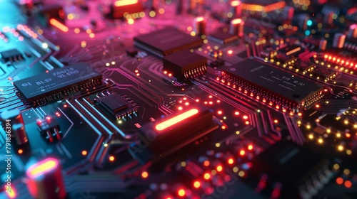 Motherboard, Transistors, PCB Components, Integrated Circuits, Solder Connections, A microscopic world of technology. © GraphzTain